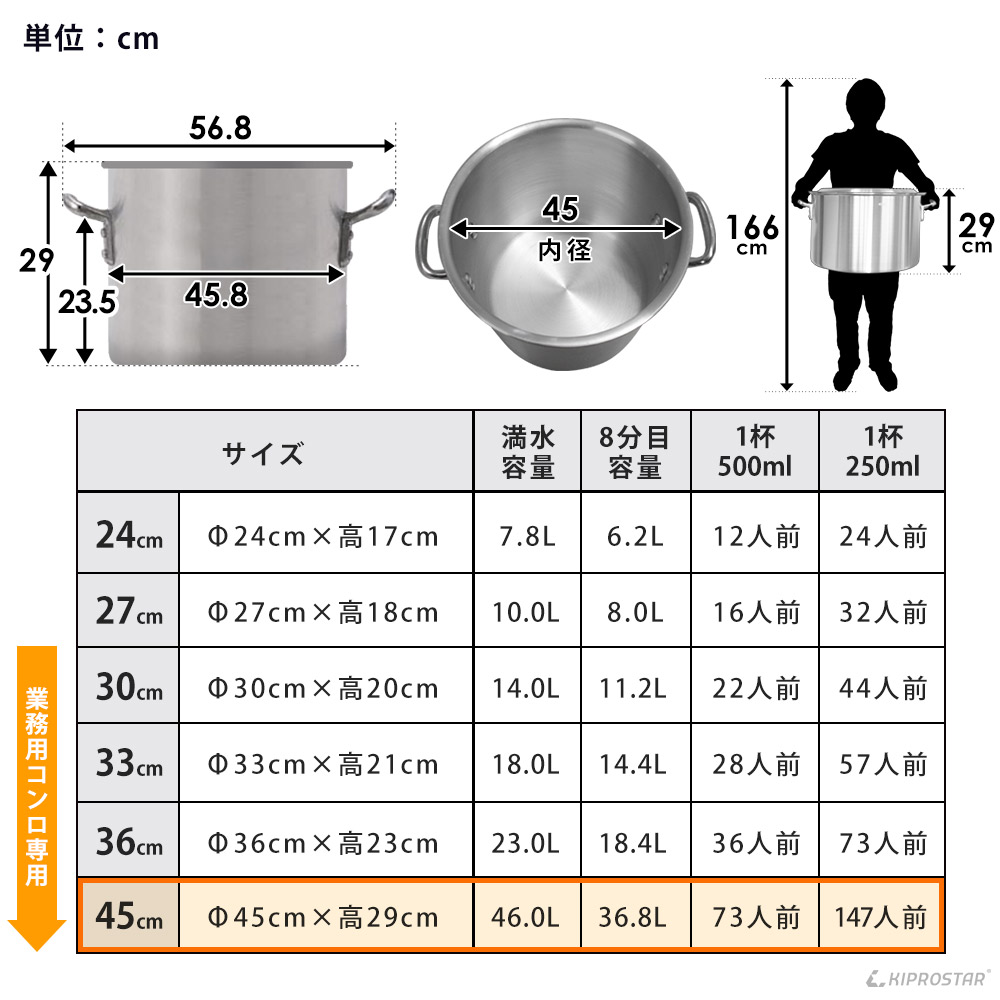 強度やデザイン重視のKIPROSTAR業務用アルミ半寸胴鍋45cm